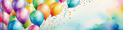 Abstract watercolor birthday background with balloons on the left. Banner design for presentation or congratulations on a holiday or birthday, space for text.