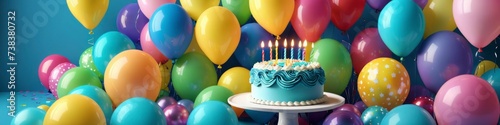 Abstract photorealistic birthday background with balloons and cake. Birthday greeting banner design. 
