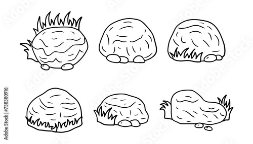 set of hand-drawn stone elements, doodle line art for drawing or coloring media