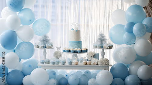 Baby shower - urodzinowe przyjęcie dla matki dziecka. Płeć chłopiec lub dziewczynka. Stół pełen deserów, ciast, tort z balonami i dekoracjami photo