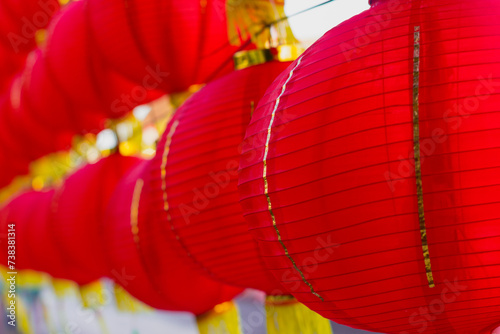 Close up of chinese lanterns on new year or called imlek hanging on the side of street