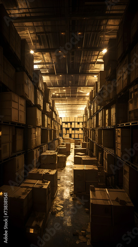 The mesmerizing volumetric lighting enhances the composition of this vast warehouse filled with boxes, capturing the raw reality of the scene while incorporating principles of the new objectivity move