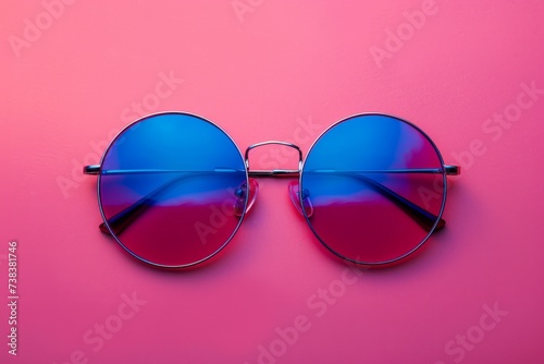 red, blue and pink sunglasses centered over pink background Generative AI