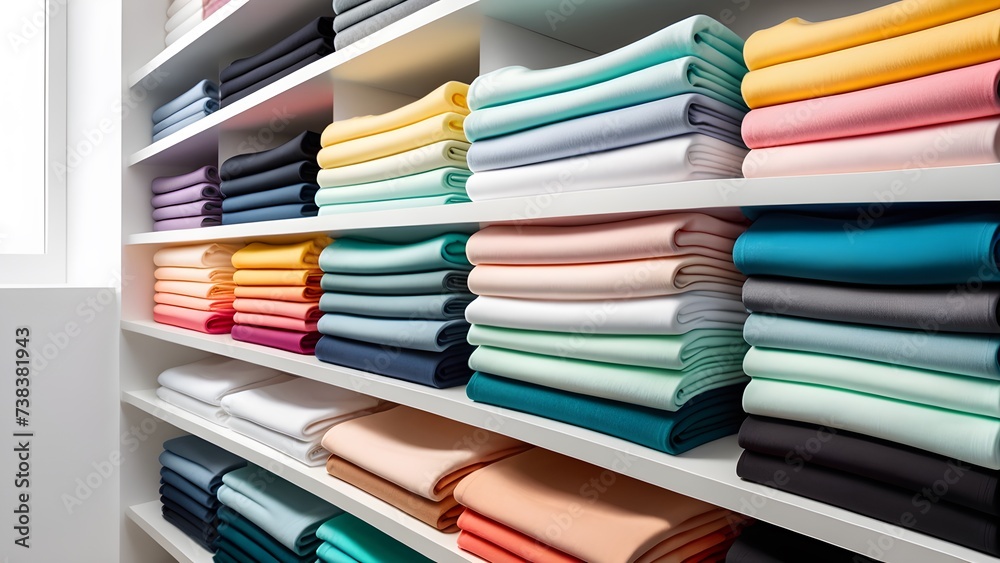 Folded colorful t-shirts on white shelves at store Folded colorful t-shirts on white shelves at store