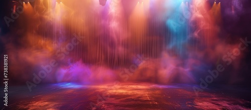 Colorful spotlights and smoke create an atmospheric concert or theater stage.