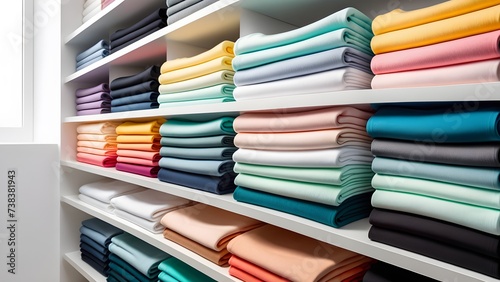 Folded colorful t-shirts on white shelves at store