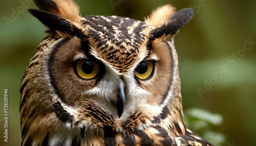 An owl in the thicket of the forest looks with interest 