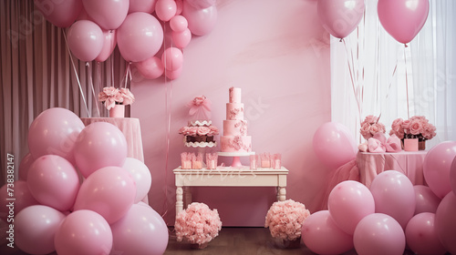 Baby shower - urodzinowe przyjęcie dla matki dziecka. Płeć chłopiec lub dziewczynka. Stół pełen deserów, ciast, tort z balonami i dekoracjami