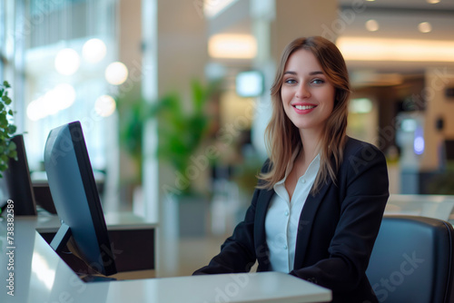 beautiful caucasian woman working as customer service or agent in a bank