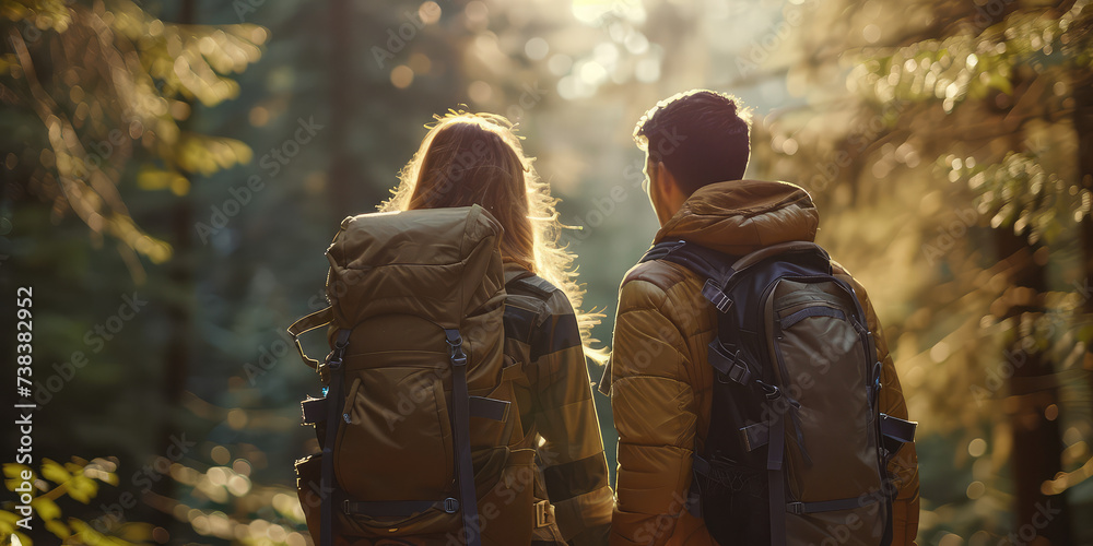 Intimate Moment of a Young Hiking Couple in Nature. People in outdoor attire hike in a forest setting.