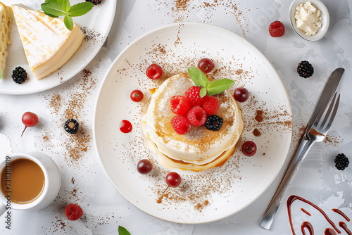 Fluffy pancakes are served with fresh berries and coffee for breakfast. Concept for Shrovetide celebration. Suitable for banners and presentations