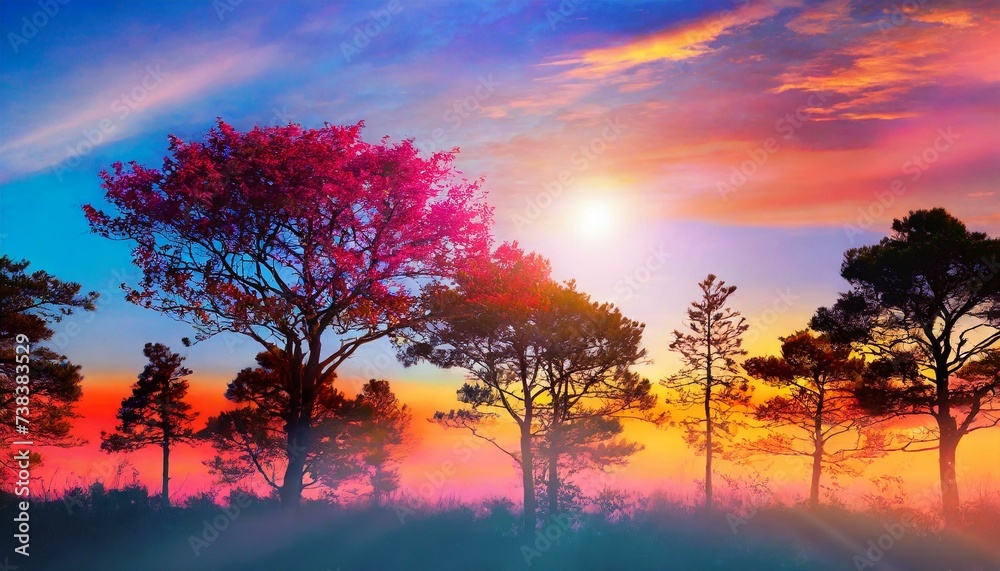 colorful dream scene with trees and sunsets colorful dream scene with trees and sunsets