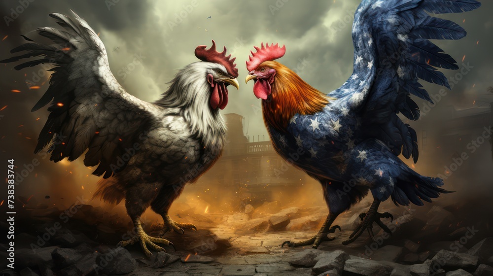 The illustration of a rooster fighting depicts the world economic trade war. - obrazy, fototapety, plakaty 