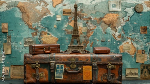 Global Journey Collage: Vintage Suitcases, World Maps, and Iconic Landmarks with Passport Stamps