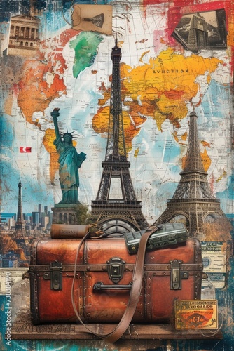 Global Journey Collage: Vintage Suitcases, World Maps, and Iconic Landmarks with Passport Stamps