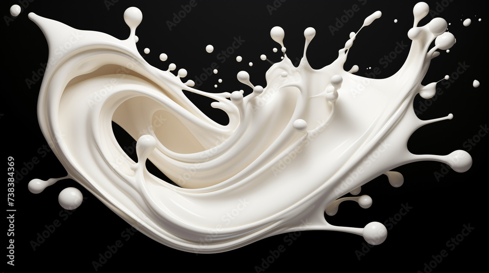 White milk or yogurt splash in wave shape isolated on black background. An element for creating collages for advertising and product presentations