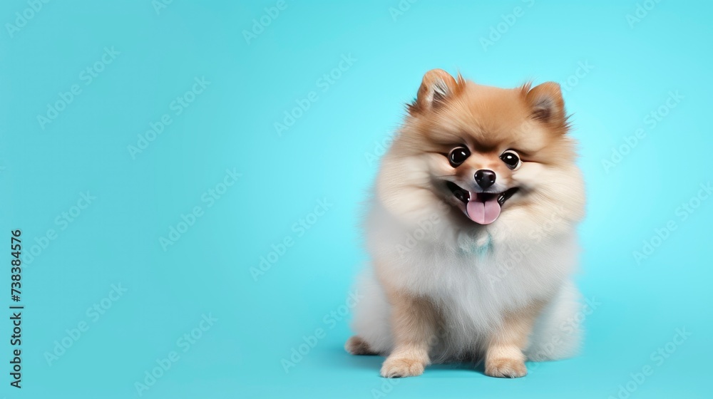 Pomeranian dog on a one color background, copy space, realistic - generative ai Pomeranian dog on a one color background, copy space, realistic - generative ai