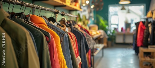 Sustainable and secondhand clothing and household items sold in a charity shop or thrift store with an interior focus. © Sona