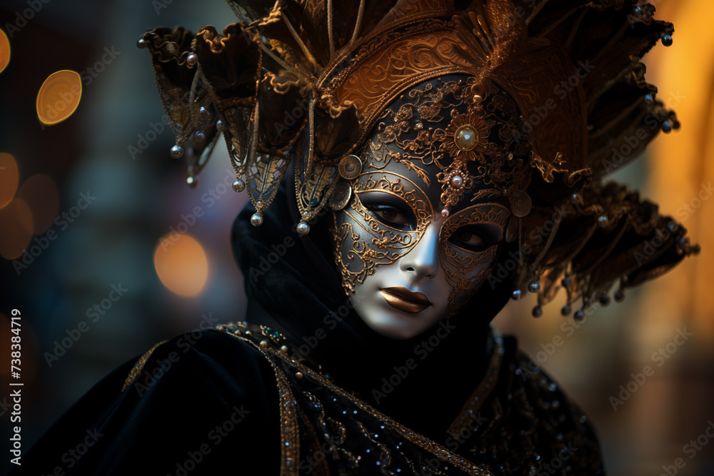Elegant Person in Ornate Mask and Costume at Venice Carnival
