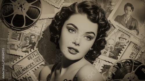 Silver Screen Icons Collage: Timeless Starlet Images, Film Reels, and Faded Marquee Signs photo