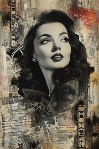 Vintage Cinema Elegance Collage: Hollywood Starlets, Old Film Reels, and Marquee Signs in Black and White