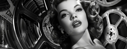 Classic Hollywood Glamour Collage: Starlet Portraits with Vintage Film Reels and Cinema Tickets