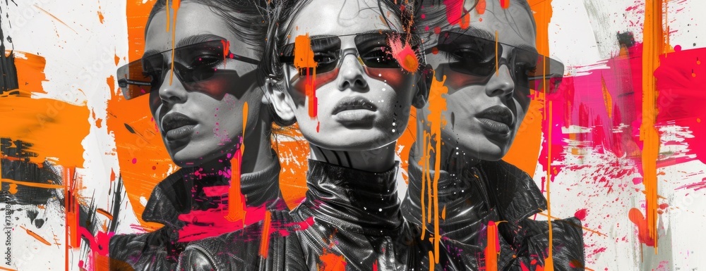 High-Fashion Mosaic Collage: Elegant Poses and Abstract Strokes Amidst Glossy and Metallic Accents on a Monochrome Neon Backdrop