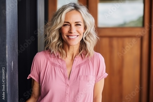 Portrait of a beautiful woman standing in front of a door smiling at the camera