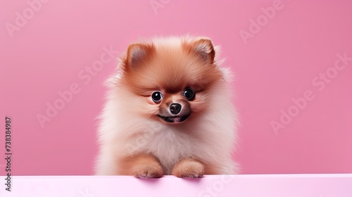 Pomeranian dog on a one color background, copy space, realistic - generative ai