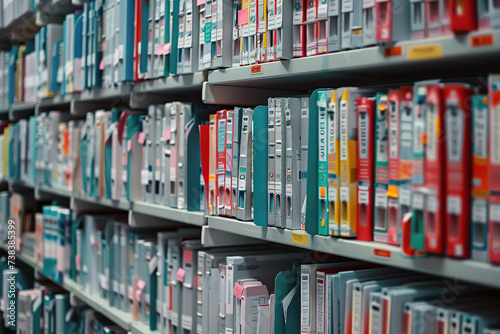 A photograph capturing rows of books neatly arranged on shelves in a library. The books are sorted alphabetically and resemble medical record charts photo