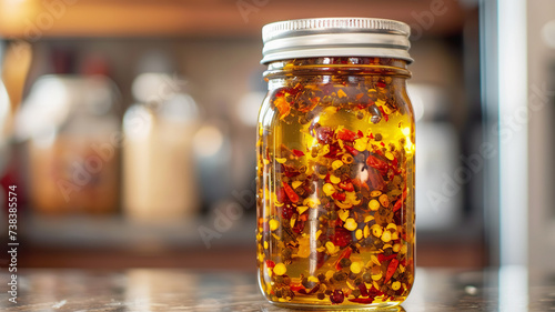 Homemade chili oil in jar on kitchen counter