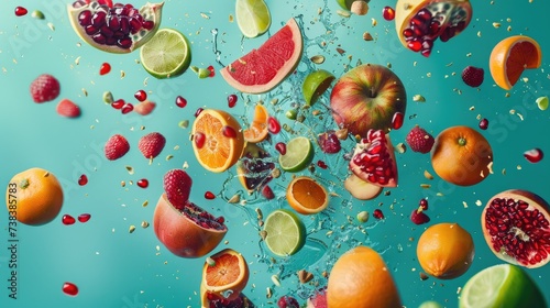 Falling halves of fruits  some in clusters. Falling from top to bottom  straight view  turquoise background