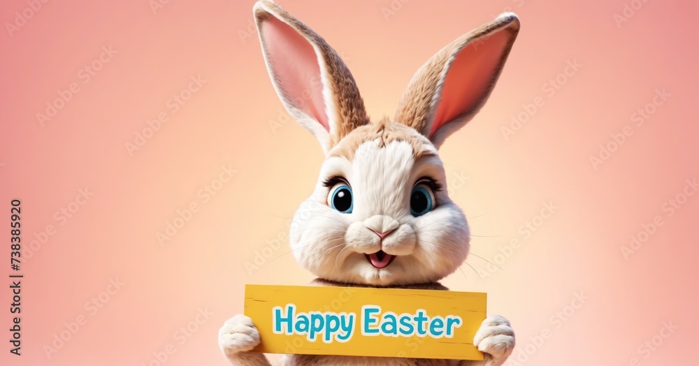 Fototapeta premium Greeting holiday Easter card with cute anthropomorphic rabbit, bunny holding a 'happy easter' sign. Abstract background image, spring concept, pastel colors. Copy space, no people illustration.