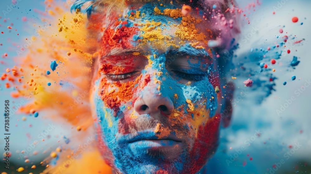 Color dust explosion background, color paint explosion splashing around people, industrial portrait photography