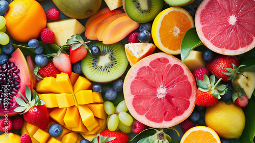 Fresh fruits including berries, citrus, tropical varieties, top view