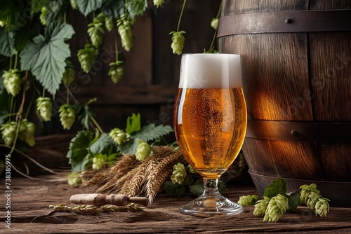 Still life, a glass of beer next to a barrel and wheat , hops
