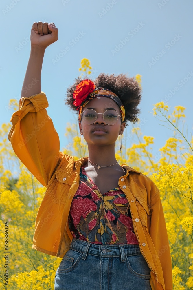 Φωτογραφία A photograph capturing a woman standing confidently among a vibrant field of yellow flowers