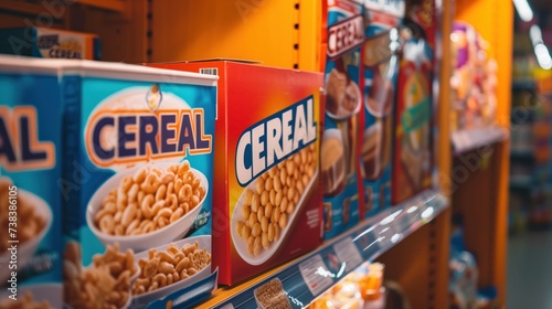 Colorful cereal boxes lining supermarket shelf