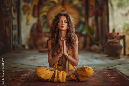 A photograph capturing a woman dressed in a yellow outfit, deep in meditation, inside a room with serene ambiance.