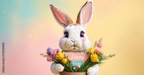 Greeting holiday Easter card with cute anthropomorphic rabbit, bunny holding a 'happy easter' sign. Abstract background image, spring concept, pastel colors. Copy space, no people illustration.