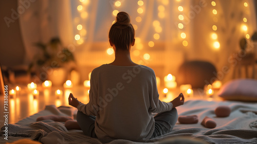 Young woman practicing meditation on a well-dressed bed, surrounded by candles and cushions