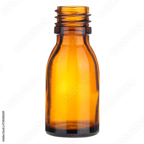 An open amber glass medicine bottle without a cap, showcasing the bottle's neck and opening, isolated on a white background. photo