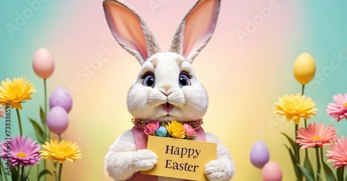 Greeting holiday Easter card with cute anthropomorphic rabbit, bunny holding a 'happy easter' sign. Abstract background image, spring concept, pastel colors. Copy space, no people illustration. photo