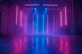 A theatrical stage set with a moody blend of dark blue Purple And pink neon lights Creating an immersive atmosphere for performances.