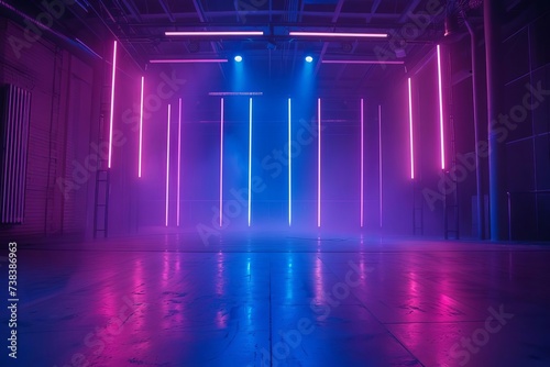 A theatrical stage set with a moody blend of dark blue Purple And pink neon lights Creating an immersive atmosphere for performances.