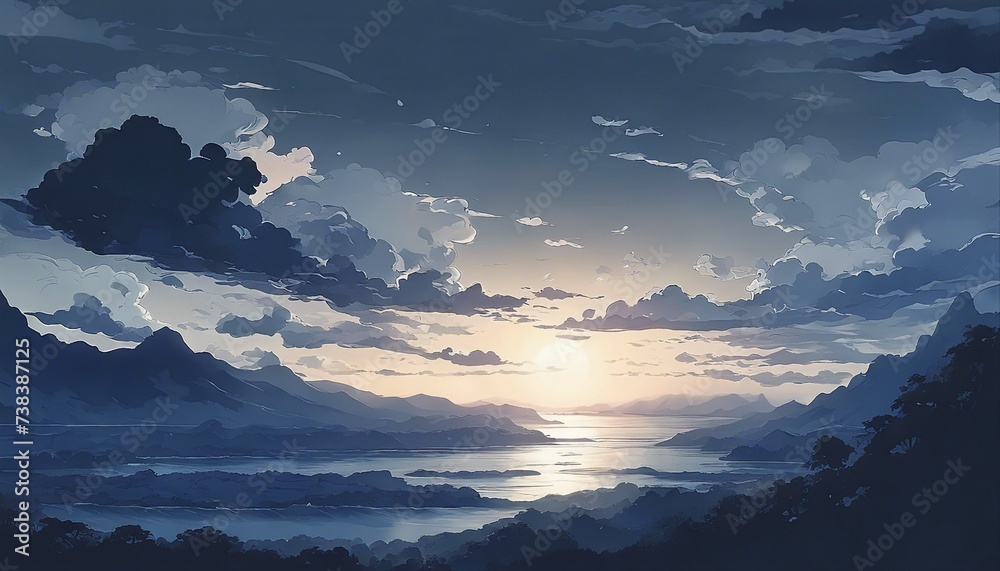 An atmospheric anime setting with dramatic clouds brewing before a storm An atmospheric anime setting with dramatic clouds brewing before a storm