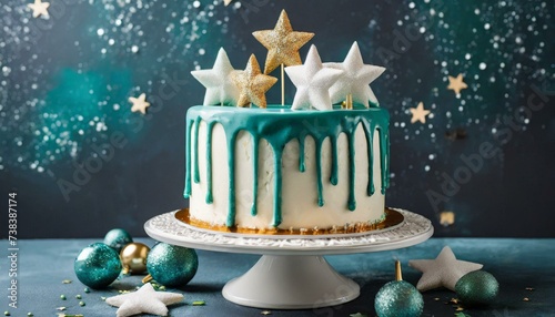 White birthday drip cake with teal ganache, star toppers over dark blue background