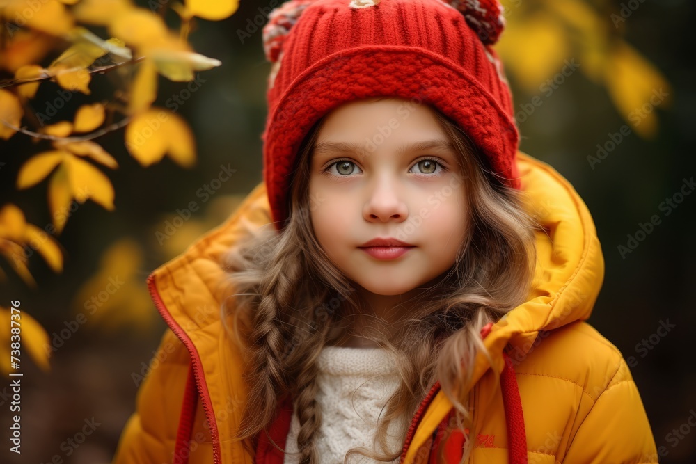 Portrait of a beautiful little girl in a yellow jacket and red hat Portrait of a beautiful little girl in a yellow jacket and red hat