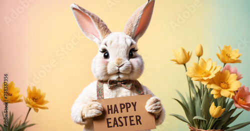 Greeting holiday Easter card with cute anthropomorphic rabbit, bunny holding a 'happy easter' sign. Abstract background image, spring concept, pastel colors. Copy space, no people illustration. photo