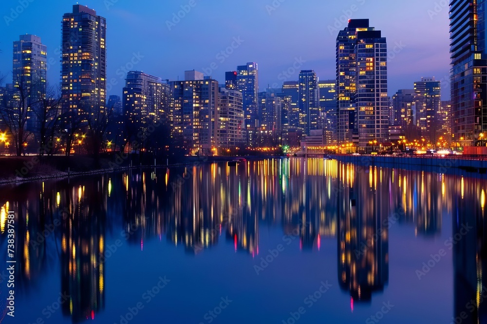City skyline reflected on a calm river at twilight Showcasing the vibrant lights and architectural beauty